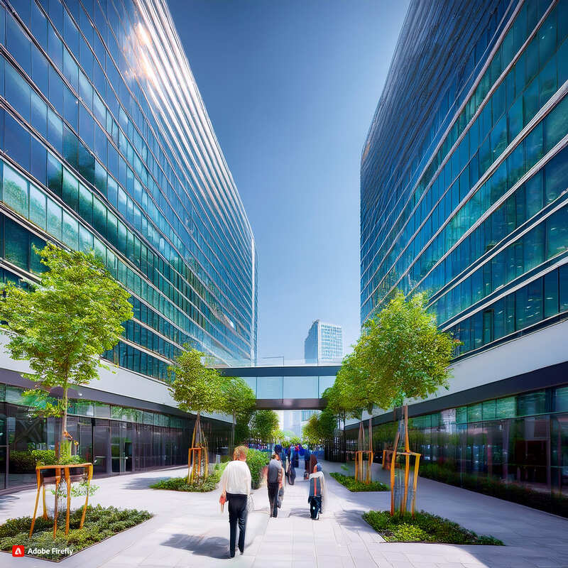 Espace de passage entre deux bâtiments de bureaux à Toulouse Labège, environnement professionnel et verdoyant